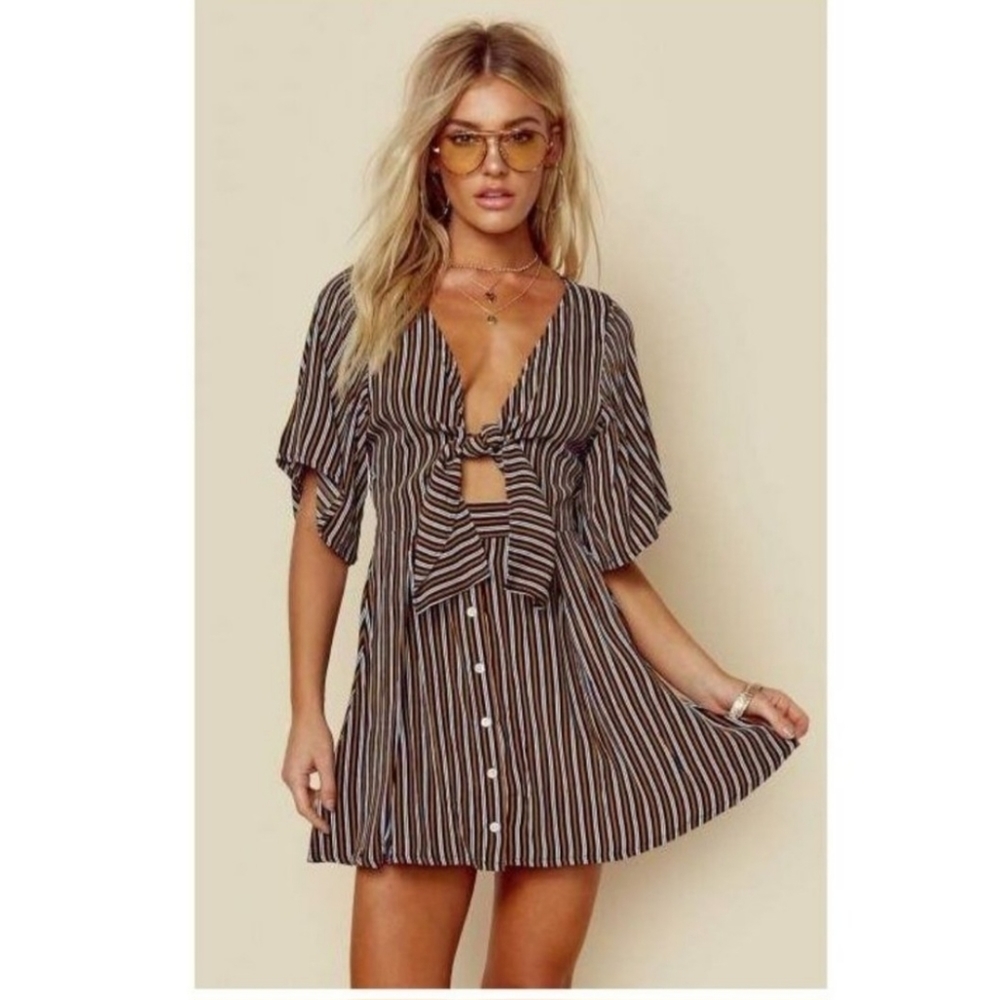 Faithfull The Brand Size 6 Vinci Tie Front Mini Dress in Glasgow Stripe